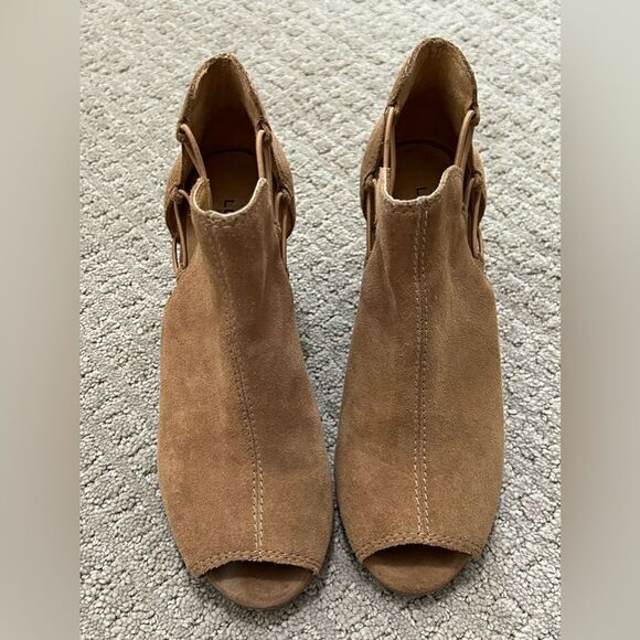 Lucky Brand Carmel Brown Suede Peep Toe Wedge Booties - Picture 5 of 12